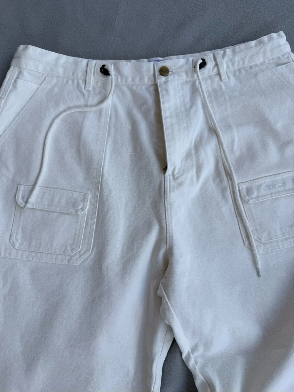 Chez Rien Wide Fatigue Pants In Bone Men Sz XL Loose Fit Draw Cord Waist Canvas